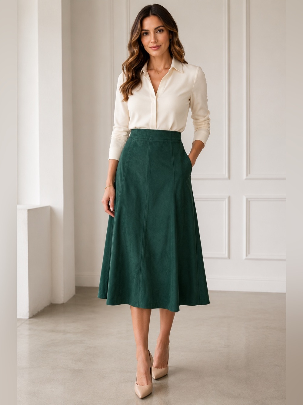 City Girl by Nancy Bolen Forest Green Faux Suede A-Line Midi Skirt Women’s 14 US